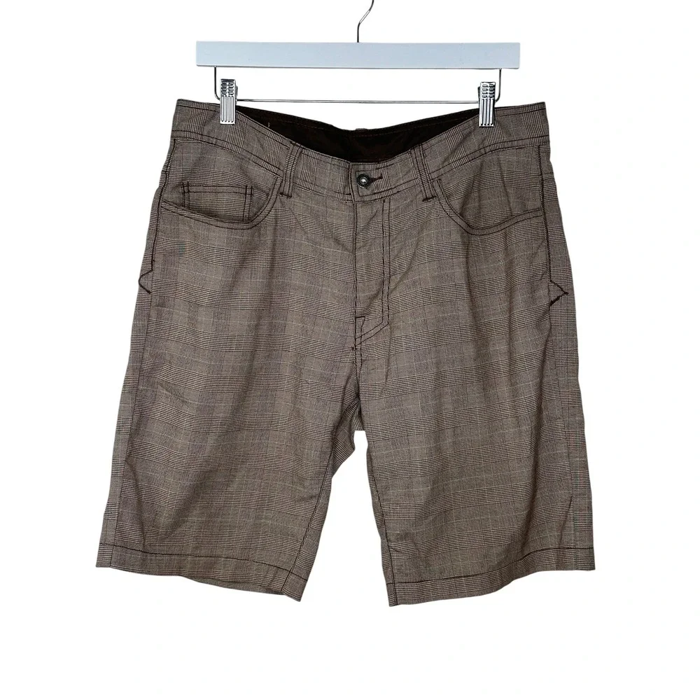 Prana Breathe Ivan Shorts 34 Brown Plaid Stretch Chino Hiking Outdoor Casual